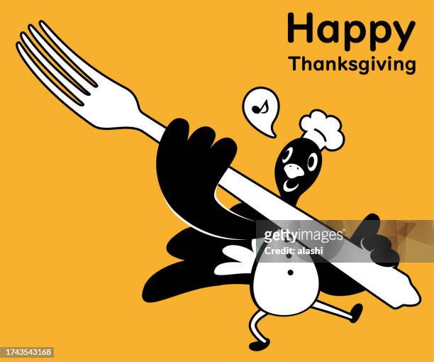 stockillustraties, clipart, cartoons en iconen met cute monochrome design of a turkey chef dancing and holding a big fork on thanksgiving day - ganzenvlees