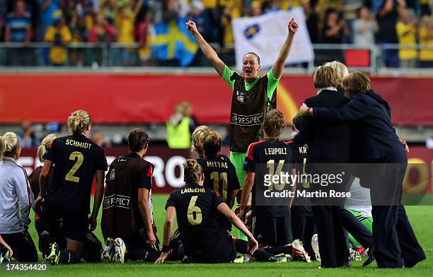 Almuth Schult of Germany celebrates after the UEFA Women's Euro 2013 semi final match between Sweden and Germany at Gamla Ullevi on July 24, 2013 in...