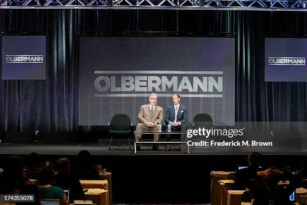 Personality Keith Olbermann and Jamie Horowitz, VP at ESPN, speak onstage during the Olbermann panel at the ESPN portion of the 2013 Summer...