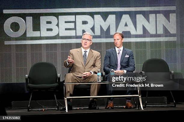 Personality Keith Olbermann and Jamie Horowitz, VP at ESPN, speak onstage during the Olbermann panel at the ESPN portion of the 2013 Summer...