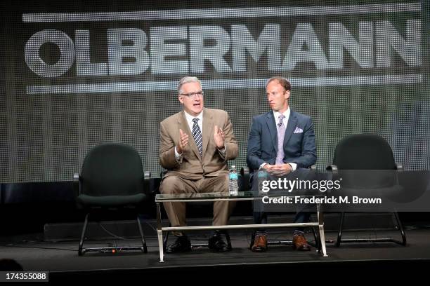 Personality Keith Olbermann and Jamie Horowitz, VP at ESPN, speak onstage during the Olbermann panel at the ESPN portion of the 2013 Summer...
