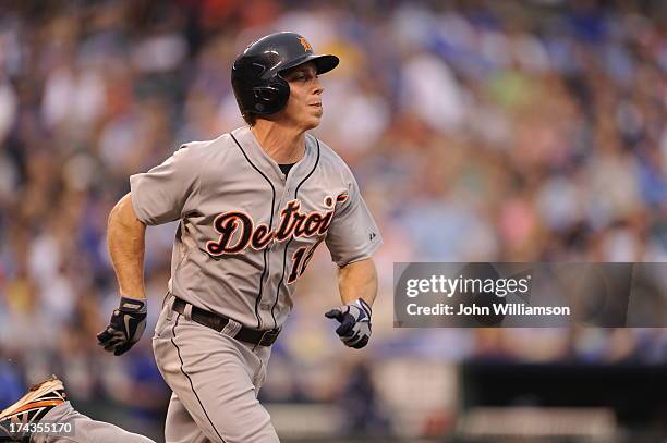 Andy Dirks of the Detroit Tigers runs to first base after hitting the ball in the game against the Kansas City Royals on July 20, 2013 at Kauffman...