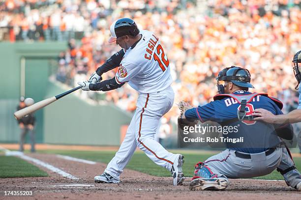 Alexi Casilla of the Baltimore Orioles bats during the game against the Minnesota Twins at Oriole Park at Camden Yards on April 5, 2013 in Baltimore,...