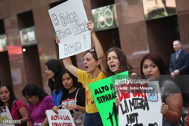 Demonstrators protest the deportation of undocumented immigrants on July 24, 2013 in New York City. Protesters from the New York State Youth...