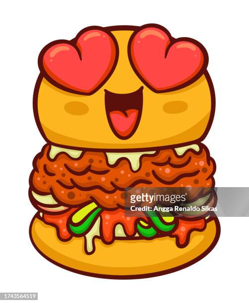 lustiger burger, der sich in herzförmige augen verlieben cartoon isoliert auf weiß - falling in love stock-grafiken, -clipart, -cartoons und -symbole