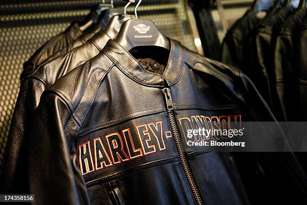 Harley-Davidson leather jackets hang for sale at Bartels' dealership in Marina del Rey, California, U.S., on Wednesday, July 24, 2013....
