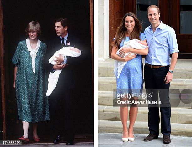 In this photo composite a comparison had been made between Prince Charles, Prince of Wales, Diana, Princess of Wales with newborn son Prince William...