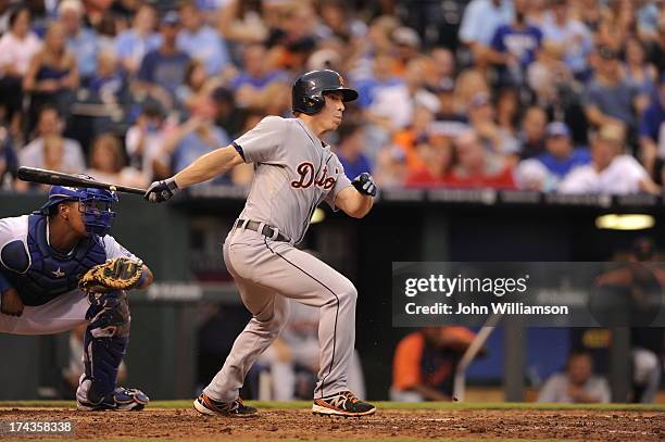 Andy Dirks of the Detroit Tigers bats against the Kansas City Royals on July 20, 2013 at Kauffman Stadium in Kansas City, Missouri. The Kansas City...
