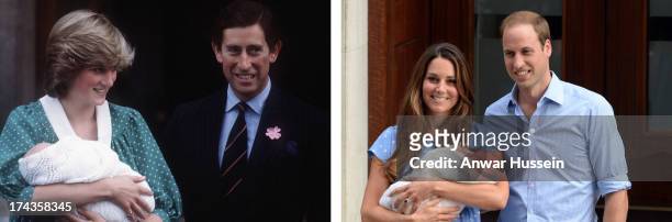 In this photo composite a comparison had been made between Prince Charles, Prince of Wales, Diana, Princess of Wales with newborn son Prince William...