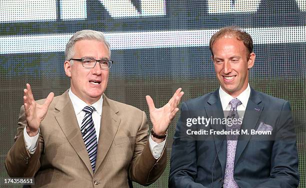 Personality Keith Olbermann and Jamie Horowitz, VP at ESPN, speak onstage during the Olbermann panel at the ESPN portion of the 2013 Summer...