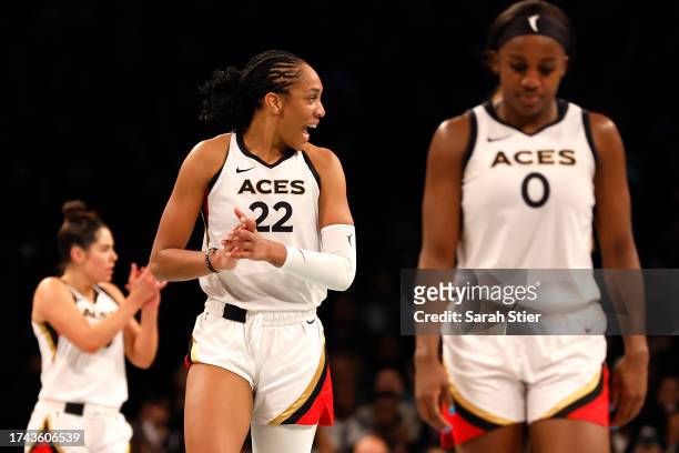 Ja Wilson of the Las Vegas Aces reacts in the second quarter against the New York Liberty during Game Four of the 2023 WNBA Finals at Barclays Center...