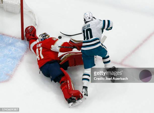 Goaltender Anthony Stolarz of the Florida Panthers defends the net against Anthony Duclair of the San Jose Sharks during third period action at the...