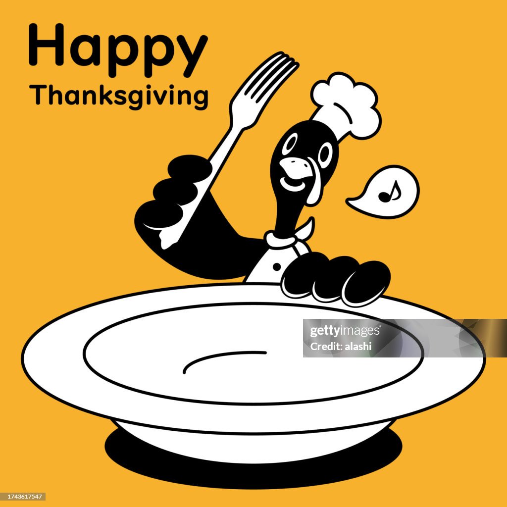 Cute monochrome design of a turkey chef holding a large plate and fork on Thanksgiving Day