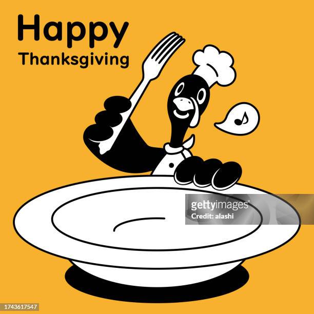 cute monochrome design of a turkey chef holding a large plate and fork on thanksgiving day - buffet stock illustrations