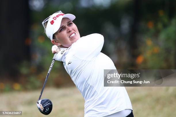Nanna Koerstz Madsen of Denmark plays her shot from the third tee during the first round of the BMW Ladies Championship on the Seowon Hills course at...