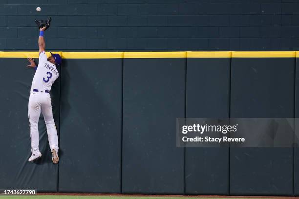 Leody Taveras of the Texas Rangers catches a pop up fly hit by Yordan Alvarez of the Houston Astros during the sixth inning in Game Three of the...