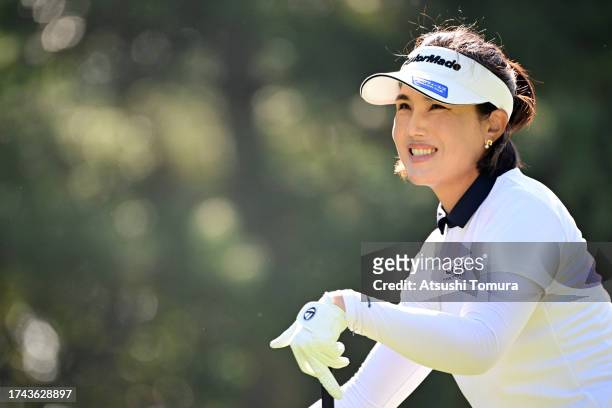 Mi-jeong Jeon of South Korea reacts after her tee shot on the 15th hole during the first round of NOBUTA Group Masters GC Ladies at Masters Golf Club...