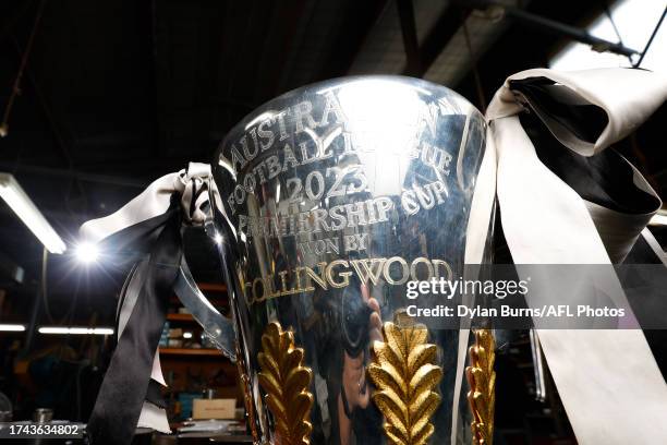 Collingwood's 2023 premiership cup is seen after it was engraved at Cash's Awards and Promotopm Solutions on October 25, 2023 in Melbourne, Australia.