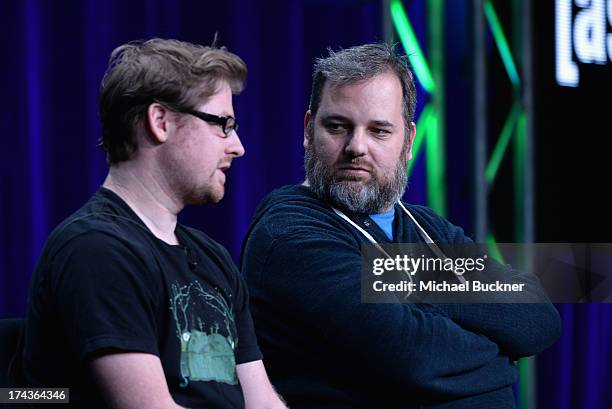 Creator/Director Justin Roiland and creator Dan Harmon speak onstage during Turner Broadcasting's 2013 TCA Summer Tour at The Beverly Hilton Hotel on...