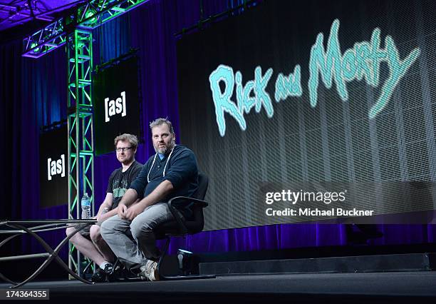 Creator/Director Justin Roiland and creator Dan Harmon speak onstage during Turner Broadcasting's 2013 TCA Summer Tour at The Beverly Hilton Hotel on...