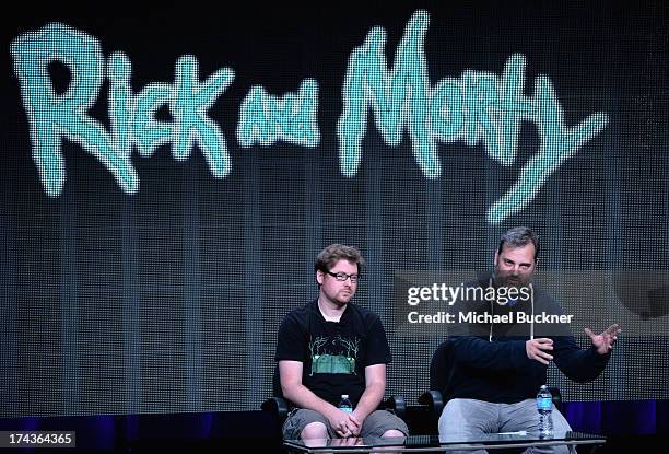 Creator/Director Justin Roiland and creator Dan Harmon speak onstage during Turner Broadcasting's 2013 TCA Summer Tour at The Beverly Hilton Hotel on...