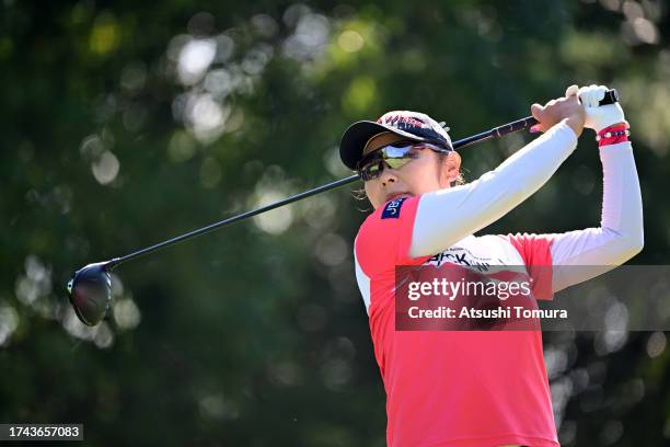 Saiki Fujita of Japan hits her tee shot on the 15th hole during the first round of NOBUTA Group Masters GC Ladies at Masters Golf Club on October 19,...