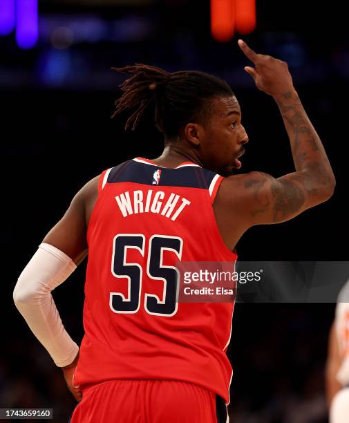 Delon Wright of the Washington Wizards celebrates his three point shot in the second half against the New York Knicks during a preseason game at...