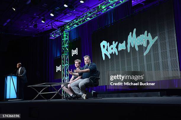 Creator/Director Justin Roiland and creator Dan Harmon speak onstage during Turner Broadcasting's 2013 TCA Summer Tour at The Beverly Hilton Hotel on...