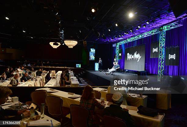Creator/Director Justin Roiland and creator Dan Harmon speak onstage during Turner Broadcasting's 2013 TCA Summer Tour at The Beverly Hilton Hotel on...