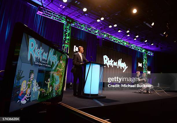 James Anderson, SVP, Cartoon PR, Creator/Director Justin Roiland and creator Dan Harmon speak onstage during Turner Broadcasting's 2013 TCA Summer...