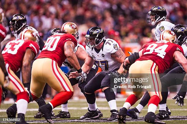 Matt Birk of the Baltimore Ravens blocks during Super Bowl XLVII on February 3, 2013 in New Orleans, Louisiana.