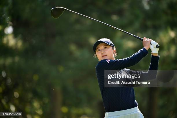 Haruka Morita of Japan hits her tee shot on the 15th hole during the first round of NOBUTA Group Masters GC Ladies at Masters Golf Club on October...