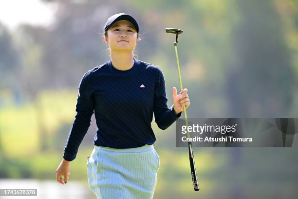 Haruka Morita of Japan celebrates the birdie on the 15th green during the first round of NOBUTA Group Masters GC Ladies at Masters Golf Club on...