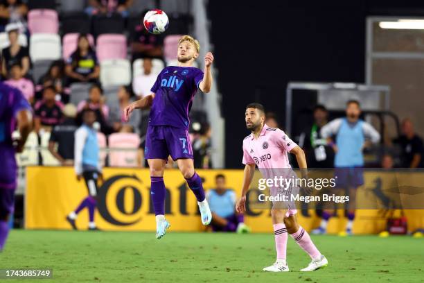 Kamil Jóźwiak of Charlotte FC competes for the ball against Inter Miami during the second half at DRV PNK Stadium on October 18, 2023 in Fort...