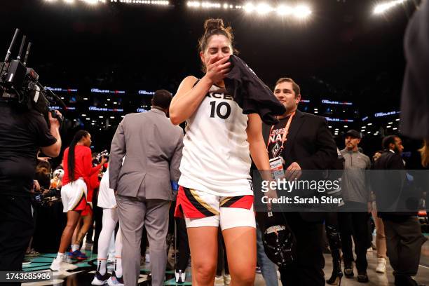 Kelsey Plum of the Las Vegas Aces reacts after defeating the New York Liberty during Game Four of the 2023 WNBA Finals at Barclays Center on October...