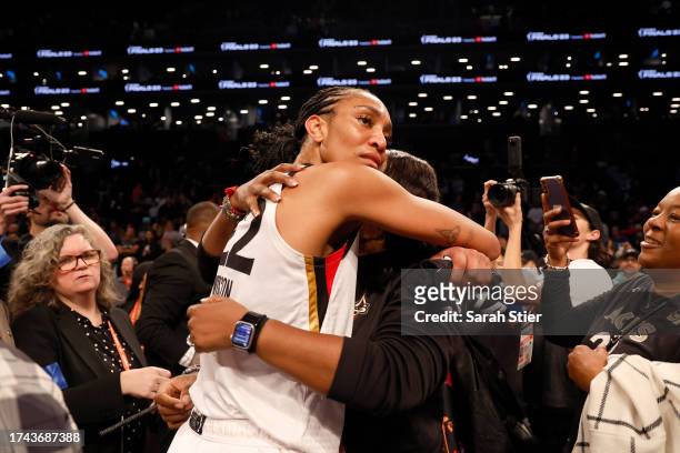 Ja Wilson of the Las Vegas Aces reacts after defeating the New York Liberty during Game Four of the 2023 WNBA Finals at Barclays Center on October...