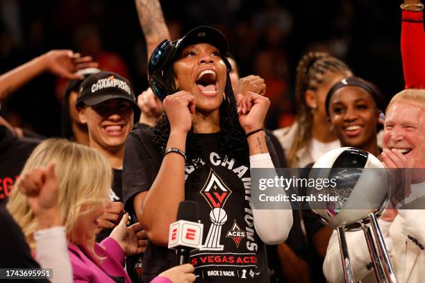 Ja Wilson of the Las Vegas Aces celebrates after defeating the New York Liberty during Game Four of the 2023 WNBA Finals at Barclays Center on...