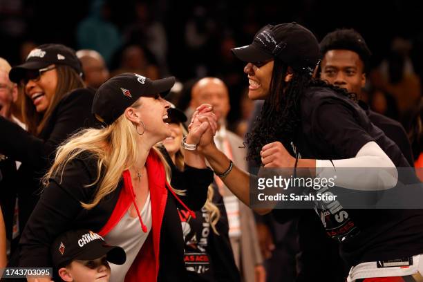 Ja Wilson of the Las Vegas Aces celebrates with head coach Becky Hammon after defeating the New York Liberty during Game Four of the 2023 WNBA Finals...