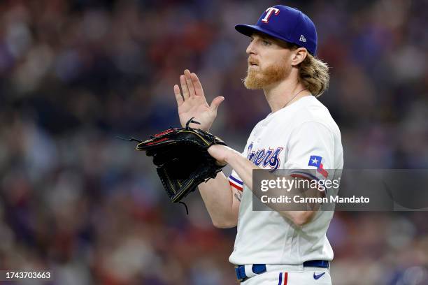 Jon Gray of the Texas Rangers reacts to an out against the Houston Astros during the eighth inning in Game Three of the American League Championship...