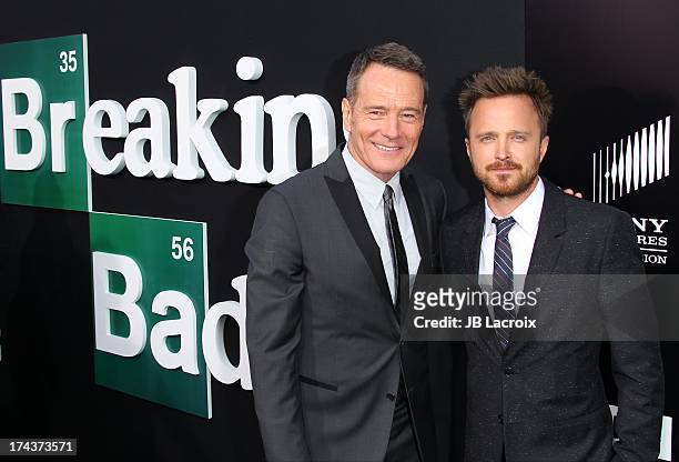 Aaron Paul and Bryan Cranston attend the "Breaking Bad" Los Angeles Premiere at Sony Pictures Studios on July 24, 2013 in Culver City, California.