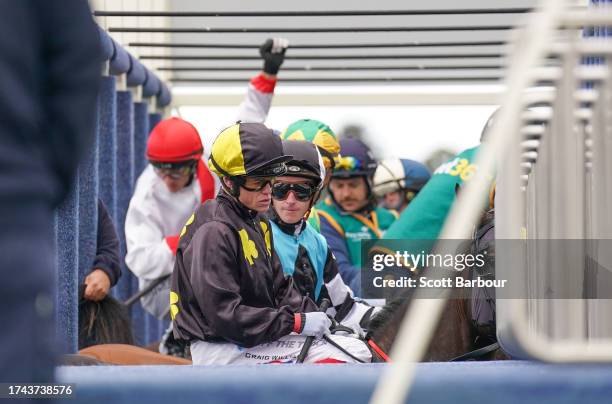 Jockey Craig Williams in the barriers at Geelong Cup Day at Geelong Racecourse on October 25, 2023 in Geelong, Australia.