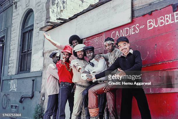 Rap group Grandmaster Flash and The Furious Five during a photo shoot for the cover of their album 'The Message', New York City, New York, 1981.