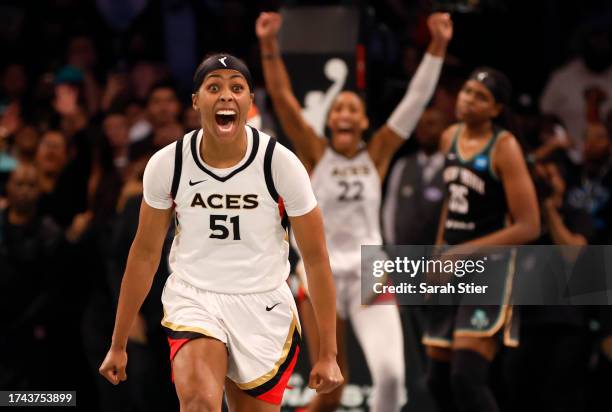 Sydney Colson of the Las Vegas Aces reacts as time expires to defeat the New York Liberty during Game Four of the 2023 WNBA Finals at Barclays Center...