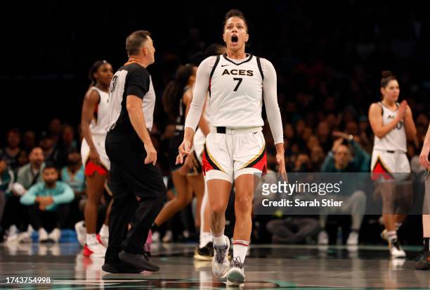 Alysha Clark of the Las Vegas Aces reacts in the fourth quarter against the New York Liberty during Game Four of the 2023 WNBA Finals at Barclays...