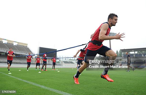 Carl Jenkinson of Arsenal during a training session in Saitama, Japan for the club's pre-season Asian tour at the Saitama Stadium on July 25, 2013 in...