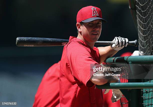 Brad Hawpe of the Los Angeles Angels of Anaheim looks on prior to the start of the game against the Boston Red Sox at Angel Stadium of Anaheim on...