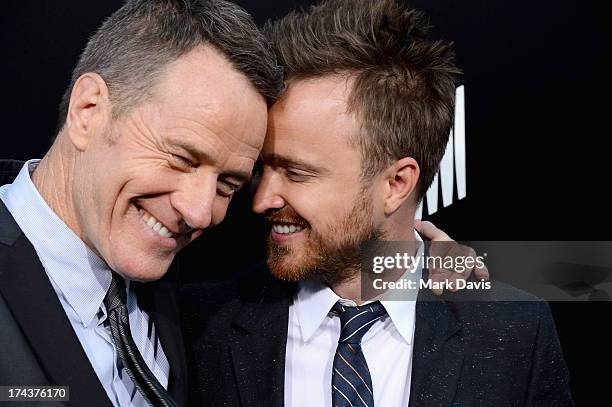 Actors Bryan Cranston and Aaron Paul arrive as AMC Celebrates the final episodes of "Breaking Bad" at Sony Pictures Studios on July 24, 2013 in...