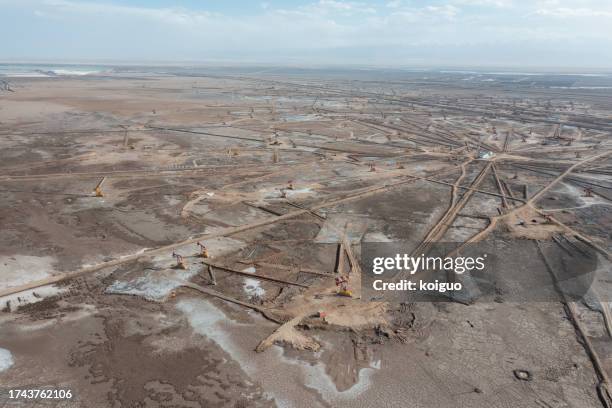aerial view of desert oil fields - desertification stock pictures, royalty-free photos & images