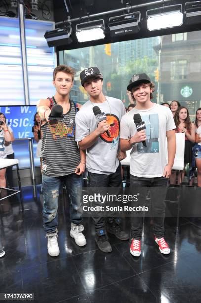 Drew Chadwick, Wesley Stromberg and Keaton Stromberg of Emblem3 appear on NEW.MUSIC.LIVE at MuchMusic Headquarters on July 24, 2013 in Toronto,...
