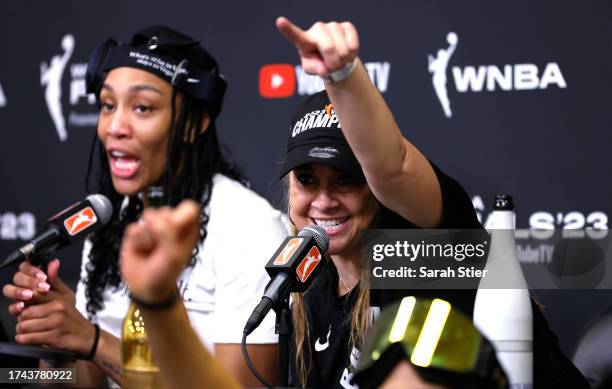 Las Vegas Aces head coach Becky Hammon speaks in a press conference after defeating the New York Liberty during Game Four of the 2023 WNBA Finals at...